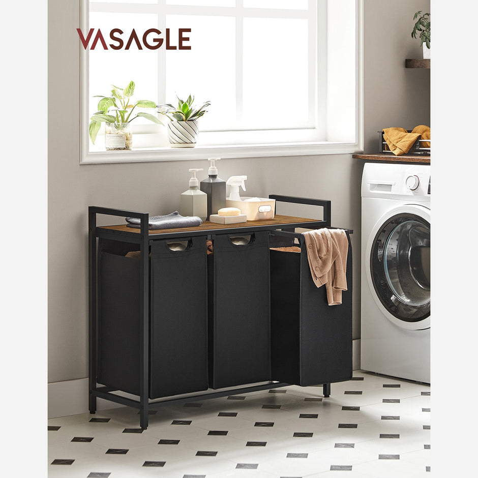 Laundry Sorter – Wood and Fabric – Rustic Brown and Black – 3 Pull-Out Removable Bags with Storage Shelf