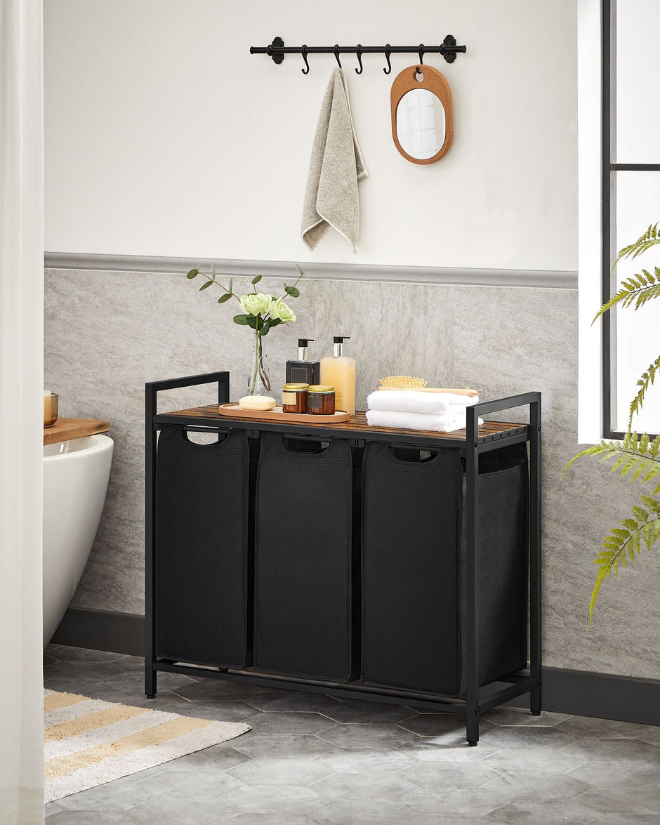 Laundry Sorter – Wood and Fabric – Rustic Brown and Black – 3 Pull-Out Removable Bags with Storage Shelf