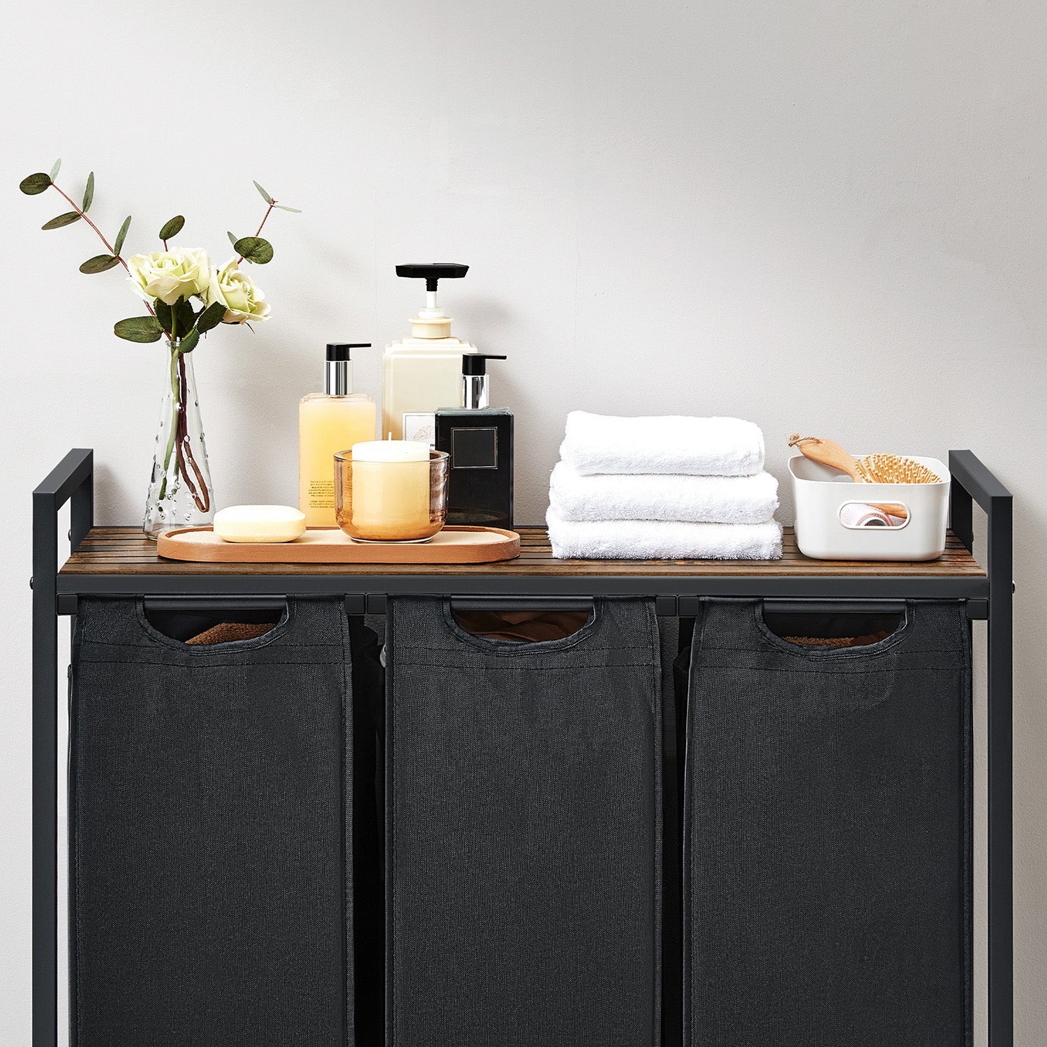Laundry Sorter – Wood and Fabric – Rustic Brown and Black – 3 Pull-Out Removable Bags with Storage Shelf