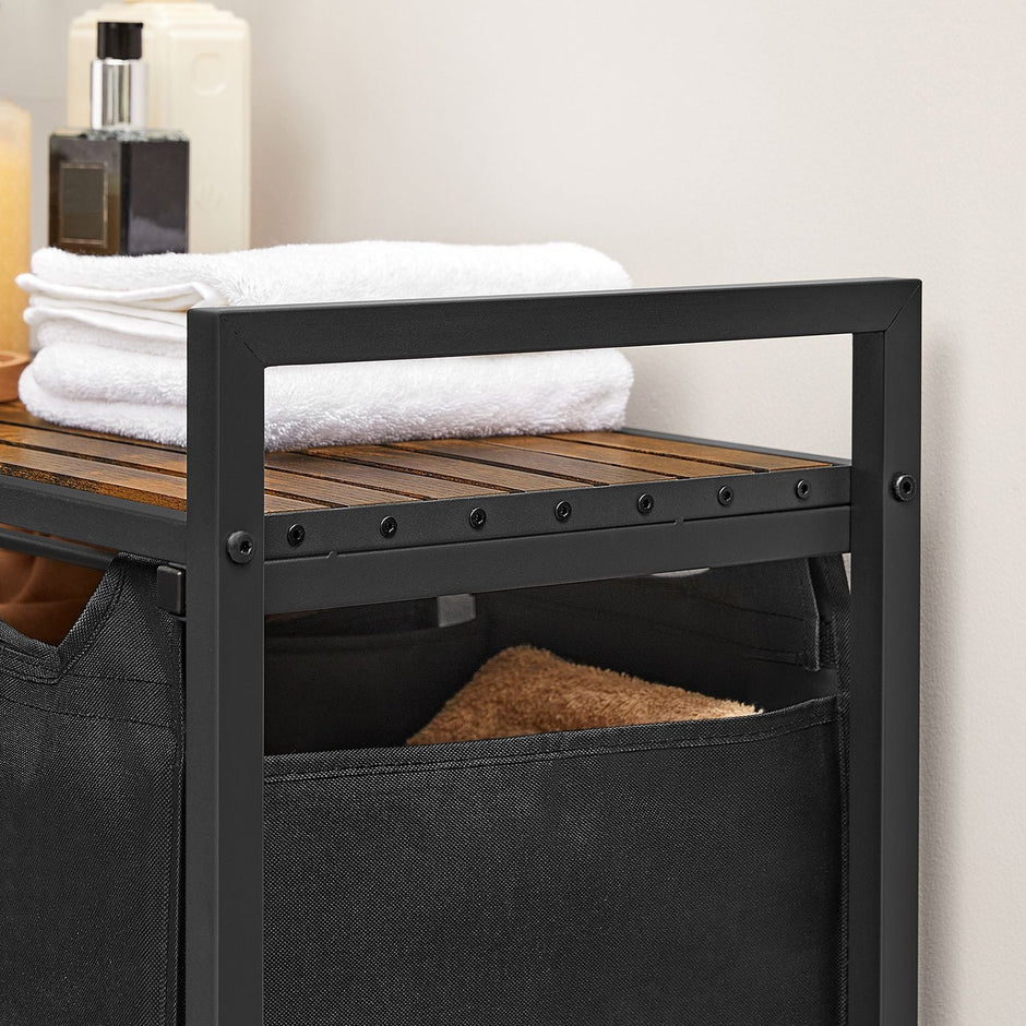 Laundry Sorter – Wood and Fabric – Rustic Brown and Black – 3 Pull-Out Removable Bags with Storage Shelf