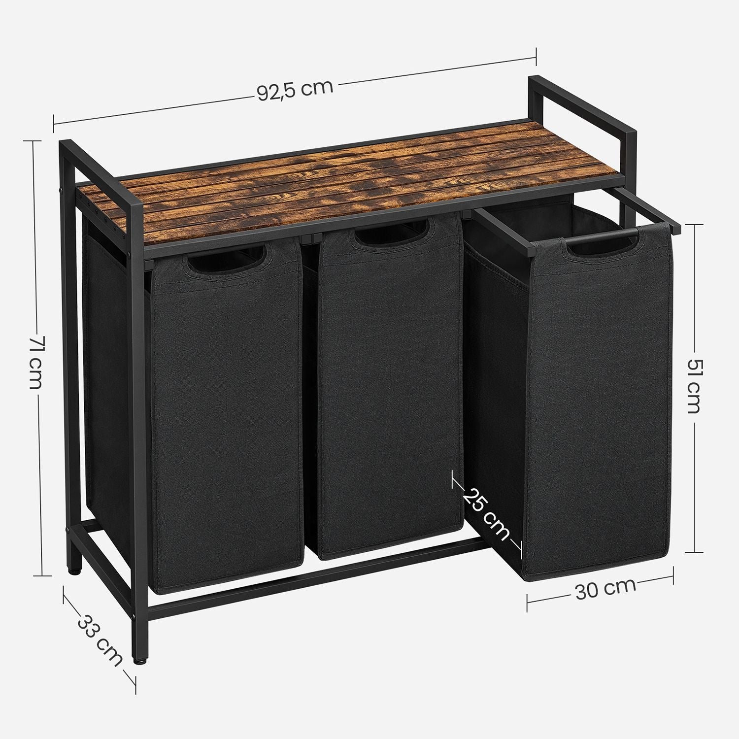Laundry Sorter – Wood and Fabric – Rustic Brown and Black – 3 Pull-Out Removable Bags with Storage Shelf