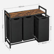 Laundry Sorter – Wood and Fabric – Rustic Brown and Black – 3 Pull-Out Removable Bags with Storage Shelf