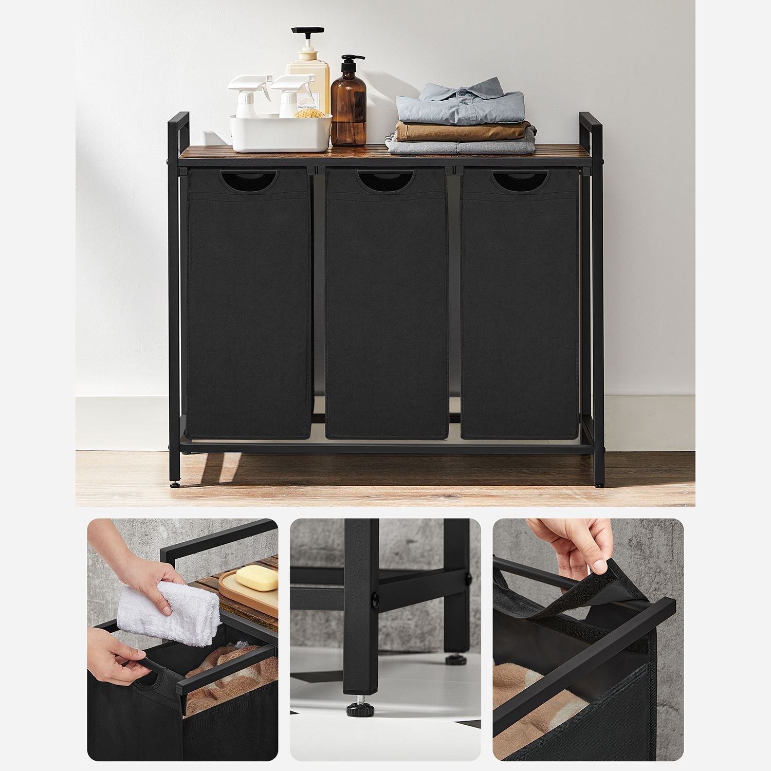 Laundry Sorter – Wood and Fabric – Rustic Brown and Black – 3 Pull-Out Removable Bags with Storage Shelf