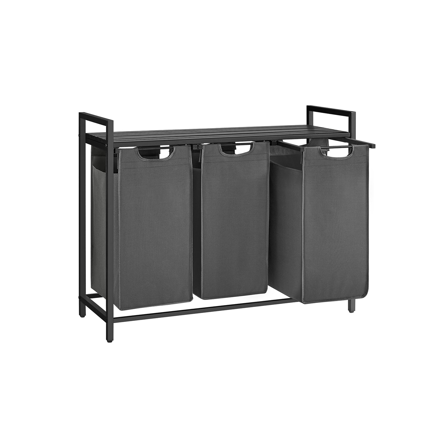 Laundry Basket – Fabric – Black and Grey – 3-Compartment with Pull-Out Removable Bags and Storage Shelf, 38L Capacity per Bag