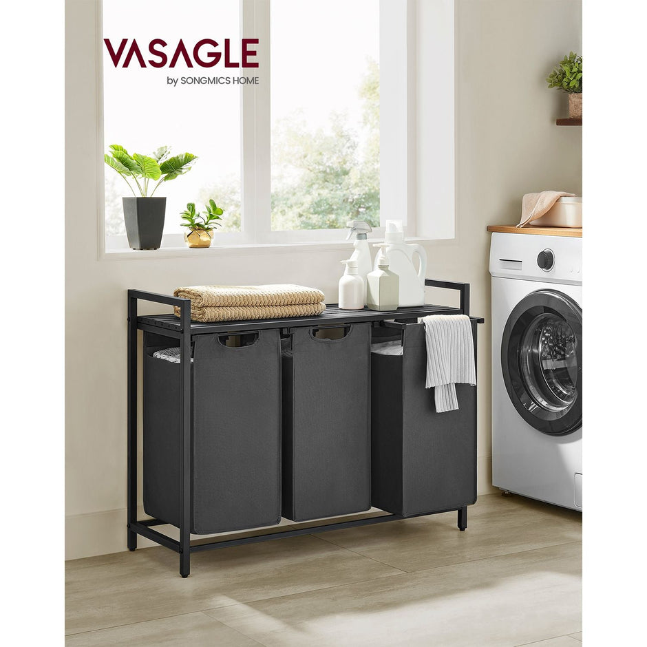 Laundry Basket – Fabric – Black and Grey – 3-Compartment with Pull-Out Removable Bags and Storage Shelf, 38L Capacity per Bag