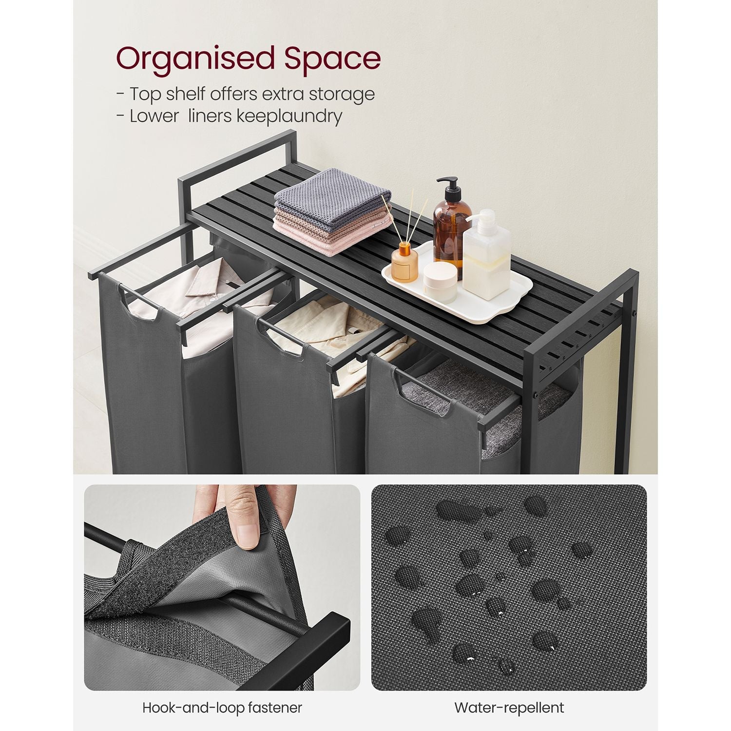 Laundry Basket – Fabric – Black and Grey – 3-Compartment with Pull-Out Removable Bags and Storage Shelf, 38L Capacity per Bag