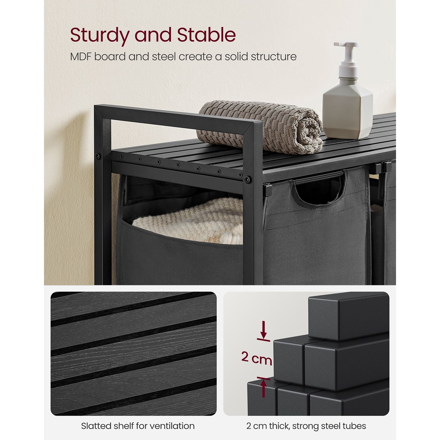 Laundry Basket – Fabric – Black and Grey – 3-Compartment with Pull-Out Removable Bags and Storage Shelf, 38L Capacity per Bag