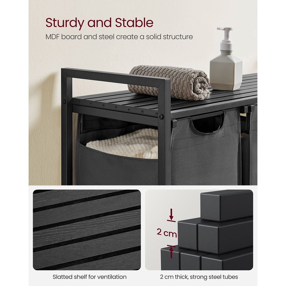 Laundry Basket – Fabric – Black and Grey – 3-Compartment with Pull-Out Removable Bags and Storage Shelf, 38L Capacity per Bag