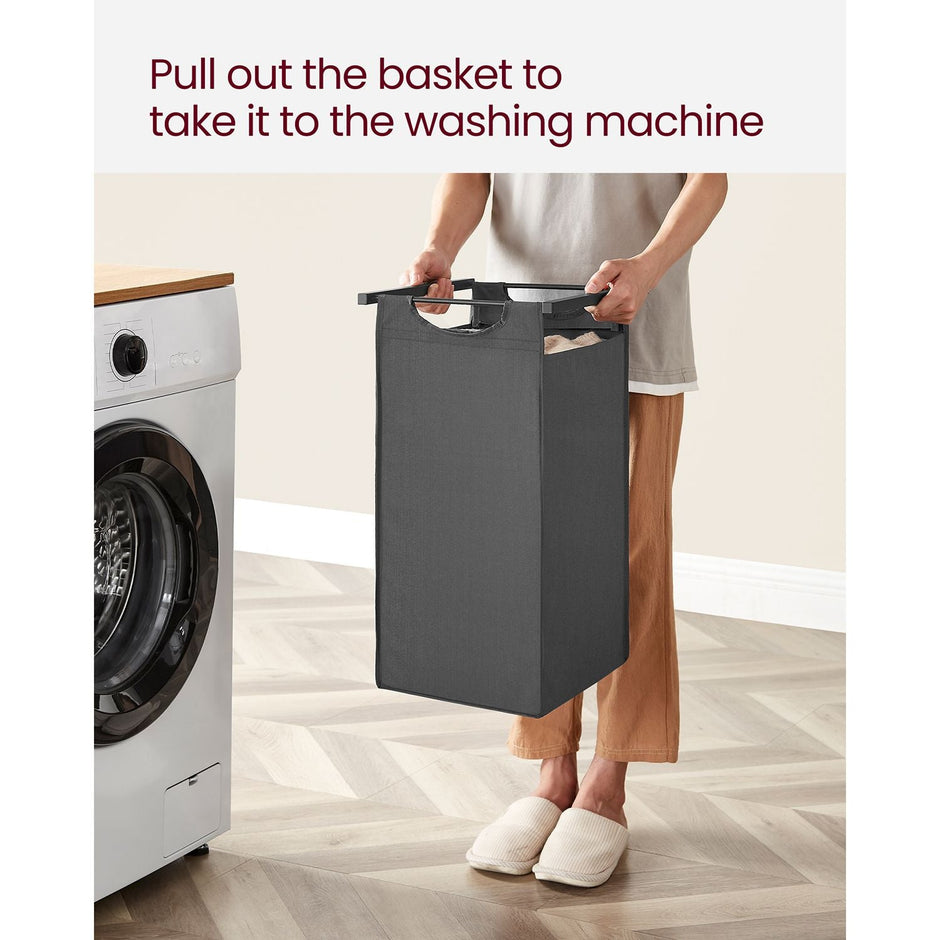 Laundry Basket – Fabric – Black and Grey – 3-Compartment with Pull-Out Removable Bags and Storage Shelf, 38L Capacity per Bag