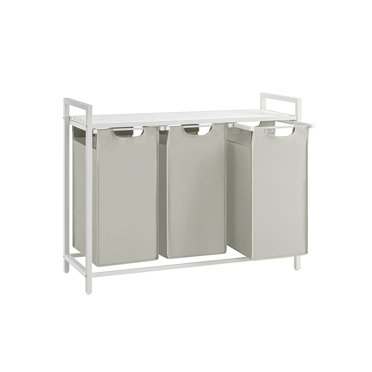 Laundry Basket – Fabric – White – Three Compartment Sorter with Storage Shelf, 38L Capacity per Bag