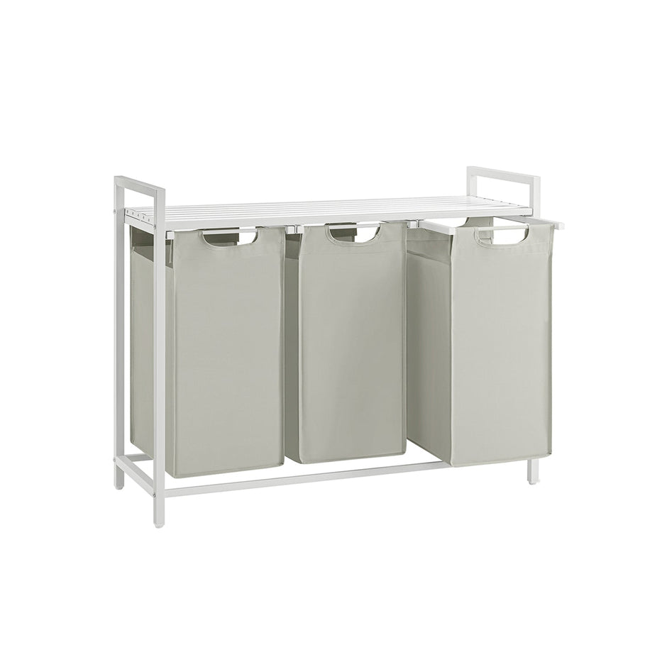 Laundry Basket – Fabric – White – Three Compartment Sorter with Storage Shelf, 38L Capacity per Bag