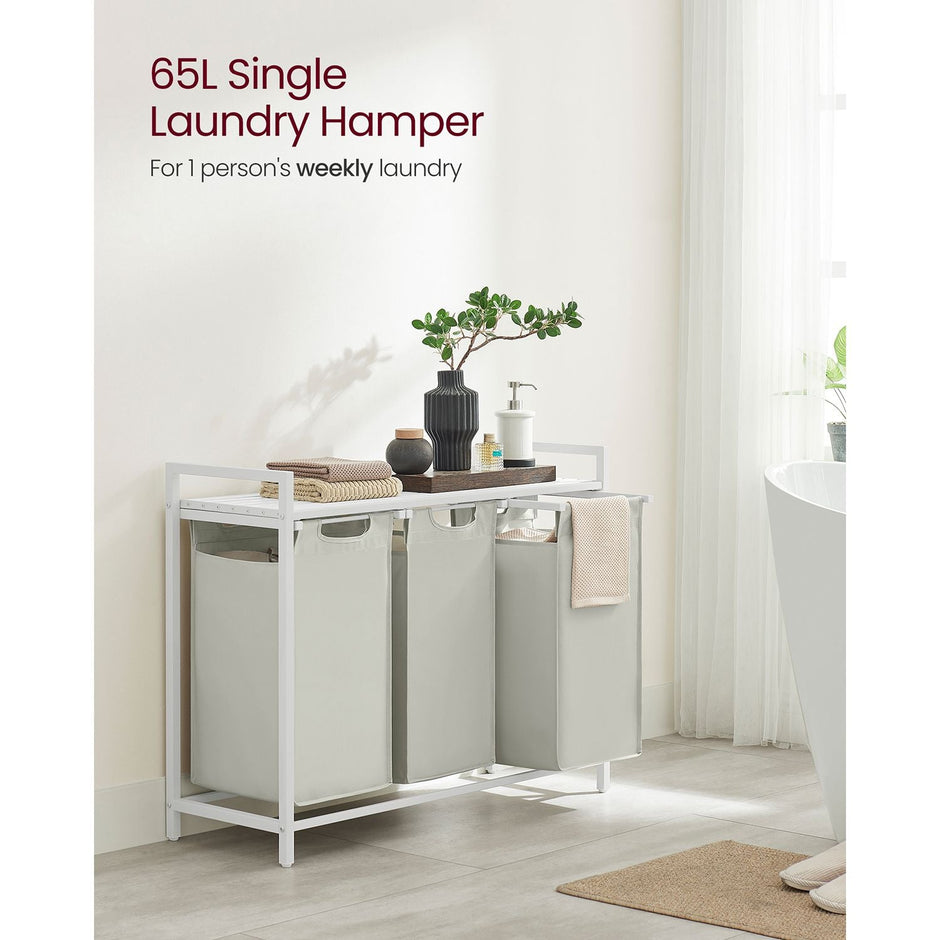 Laundry Basket – Fabric – White – Three Compartment Sorter with Storage Shelf, 38L Capacity per Bag