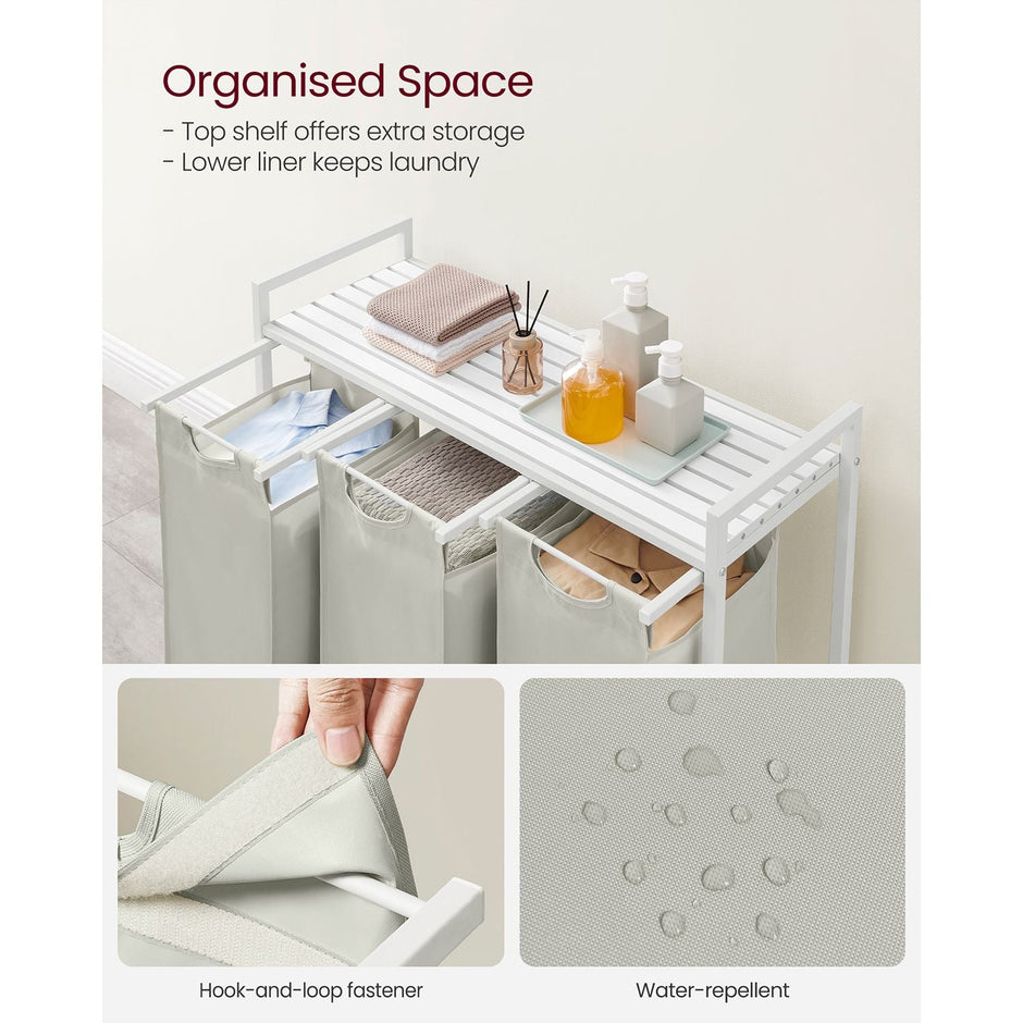 Laundry Basket – Fabric – White – Three Compartment Sorter with Storage Shelf, 38L Capacity per Bag