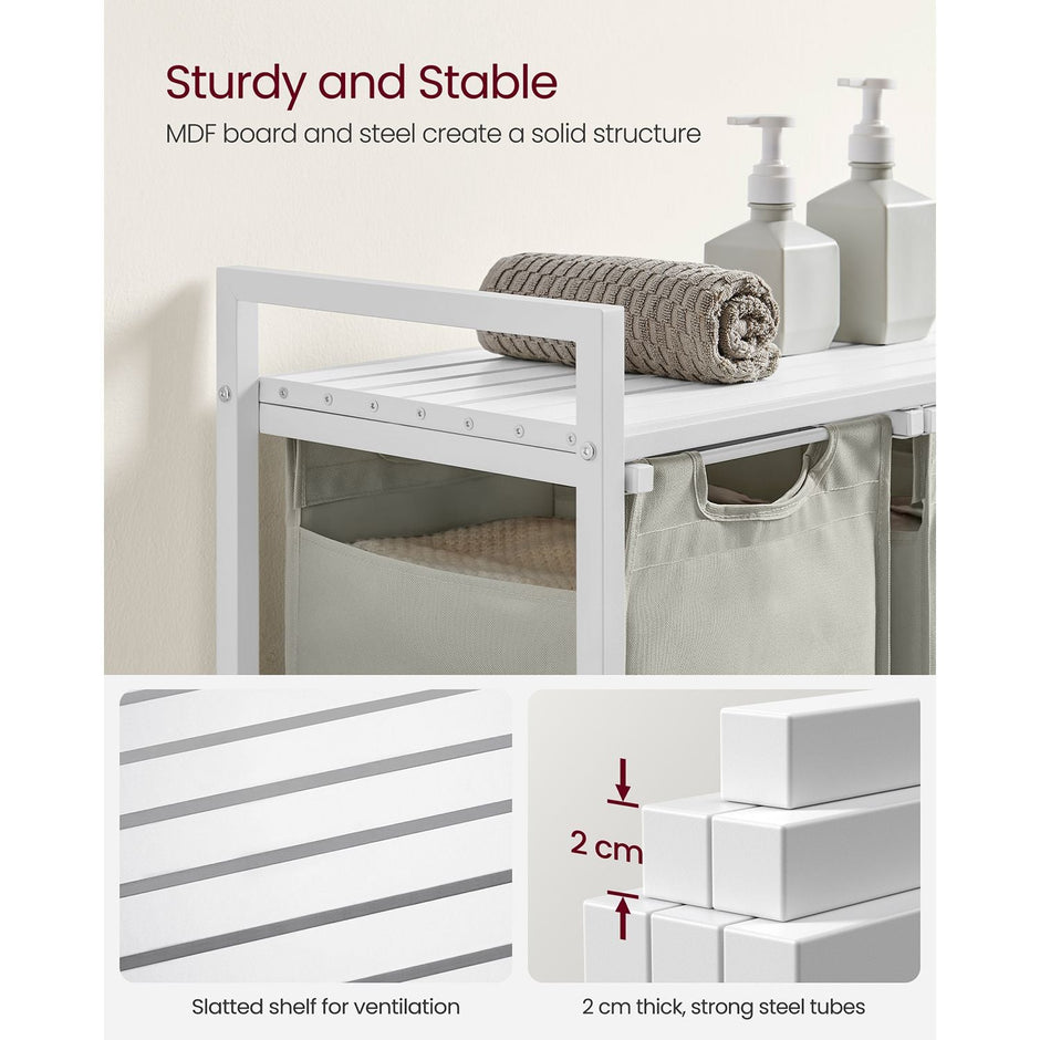 Laundry Basket – Fabric – White – Three Compartment Sorter with Storage Shelf, 38L Capacity per Bag