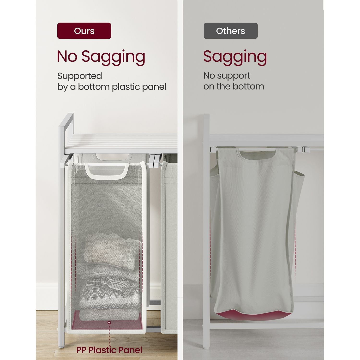 Laundry Basket – Fabric – White – Three Compartment Sorter with Storage Shelf, 38L Capacity per Bag