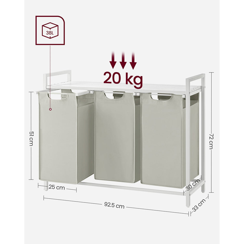 Laundry Basket – Fabric – White – Three Compartment Sorter with Storage Shelf, 38L Capacity per Bag