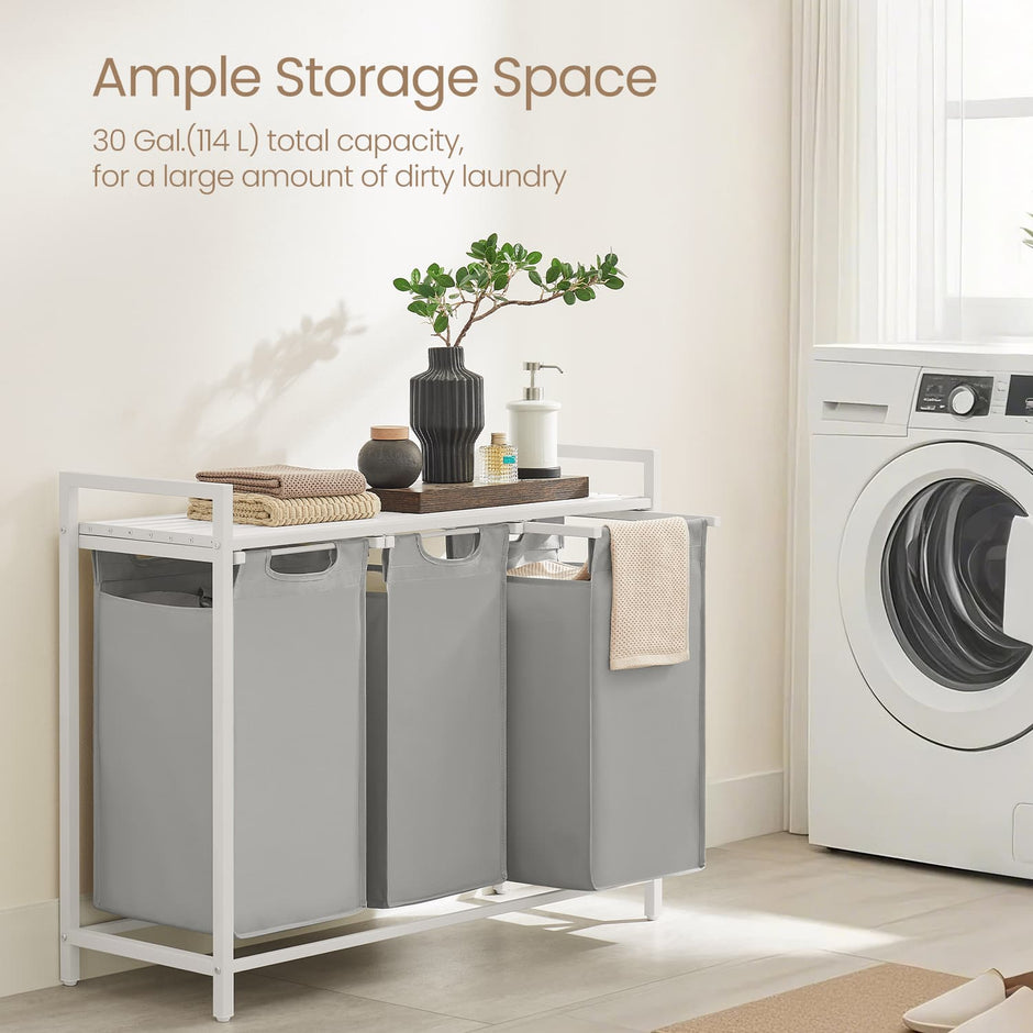 Laundry Sorter – Metal – Grey – 3-Section Design with Removable Bags and Shelf