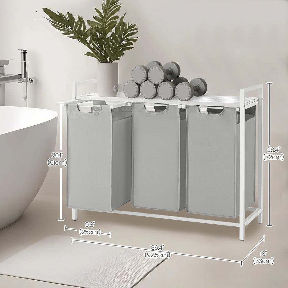 Laundry Sorter – Metal – Grey – 3-Section Design with Removable Bags and Shelf