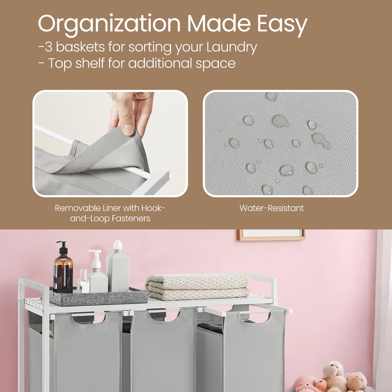 Laundry Sorter – Metal – Grey – 3-Section Design with Removable Bags and Shelf