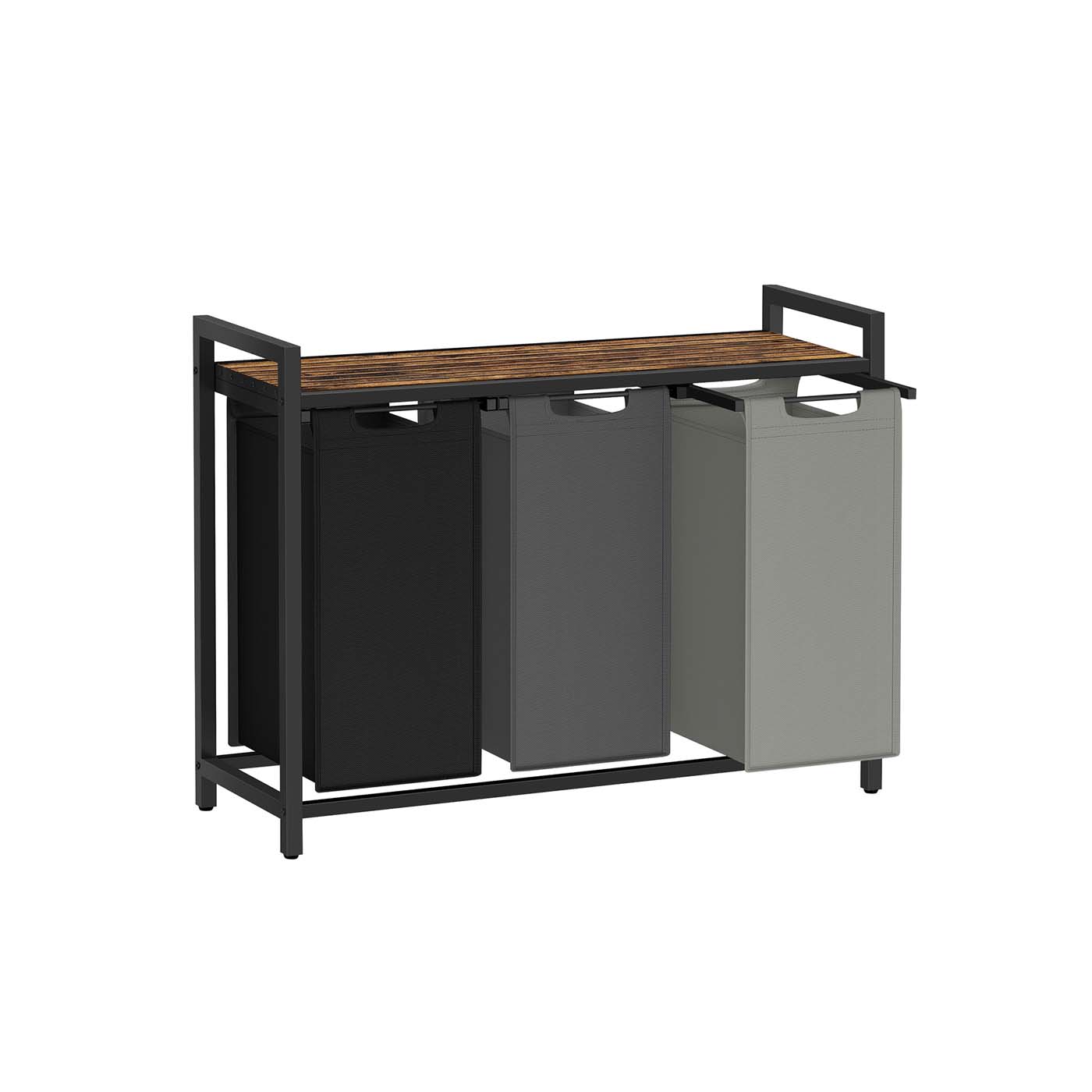 Laundry Basket – Wood and Fabric – Ink Black, Slate Gray, Dove Gray, Rustic White – 4-Compartment with Removable Bags and Storage Shelf