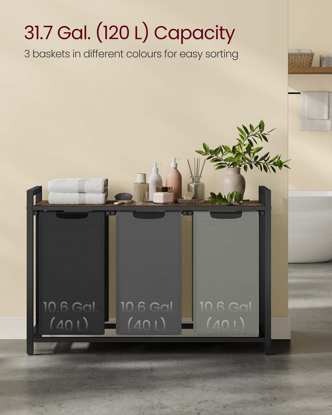 Laundry Basket – Wood and Fabric – Ink Black, Slate Gray, Dove Gray, Rustic White – 4-Compartment with Removable Bags and Storage Shelf