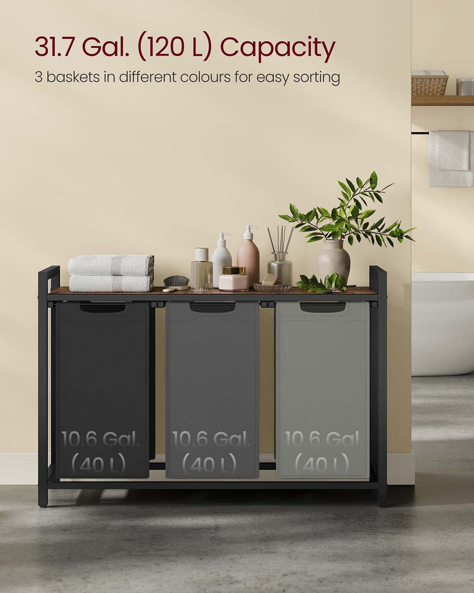 Laundry Basket – Wood and Fabric – Ink Black, Slate Gray, Dove Gray, Rustic White – 4-Compartment with Removable Bags and Storage Shelf