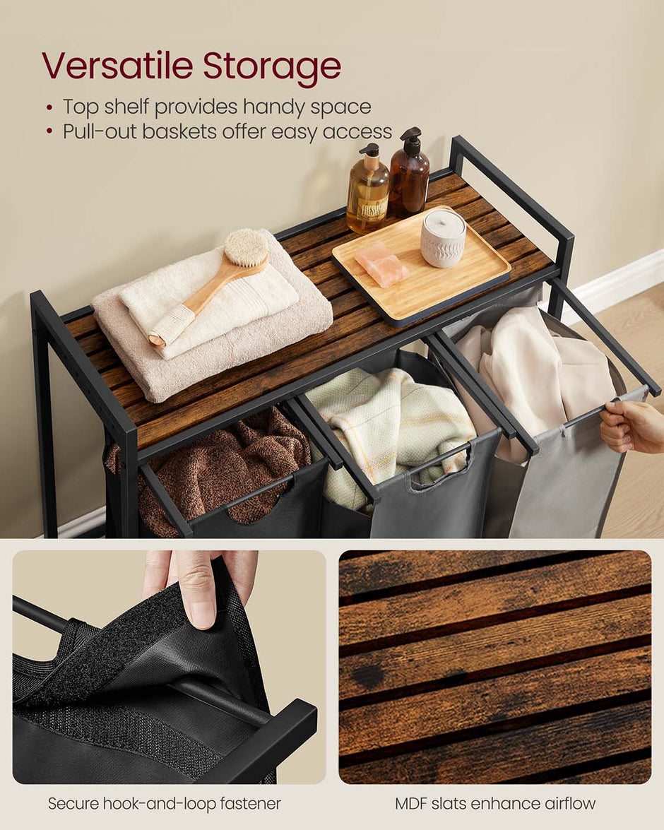 Laundry Basket – Wood and Fabric – Ink Black, Slate Gray, Dove Gray, Rustic White – 4-Compartment with Removable Bags and Storage Shelf