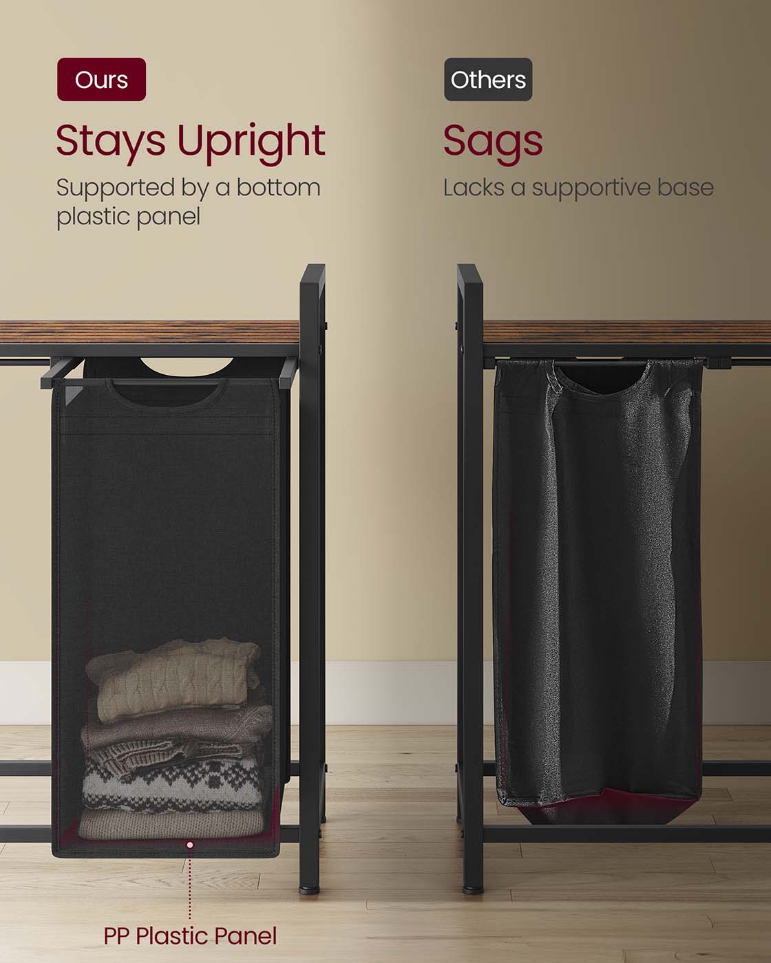 Laundry Basket – Wood and Fabric – Ink Black, Slate Gray, Dove Gray, Rustic White – 4-Compartment with Removable Bags and Storage Shelf