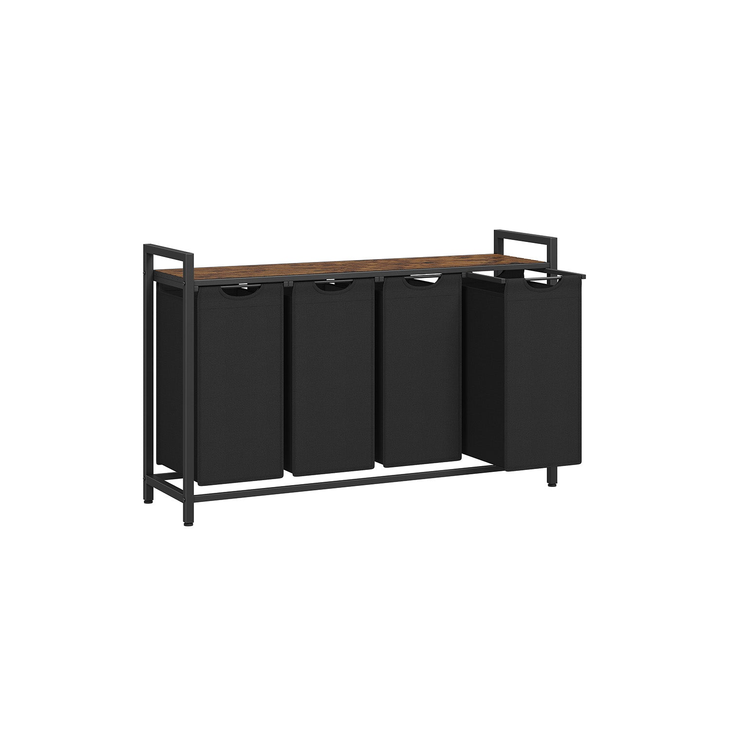 Laundry Basket – Wood and Fabric – Rustic Brown and Ink Black – 4-Compartment with Removable Bags and Storage Shelf