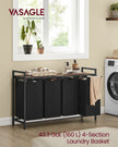 Laundry Basket – Wood and Fabric – Rustic Brown and Ink Black – 4-Compartment with Removable Bags and Storage Shelf
