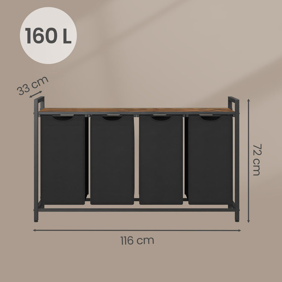 4-Section Laundry Hamper – Metal Frame – Rustic Brown and Black – Removable Bags and Shelf