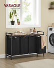 Laundry Basket – Wood and Fabric – Rustic Brown and Ink Black – 4-Compartment with Removable Bags and Storage Shelf