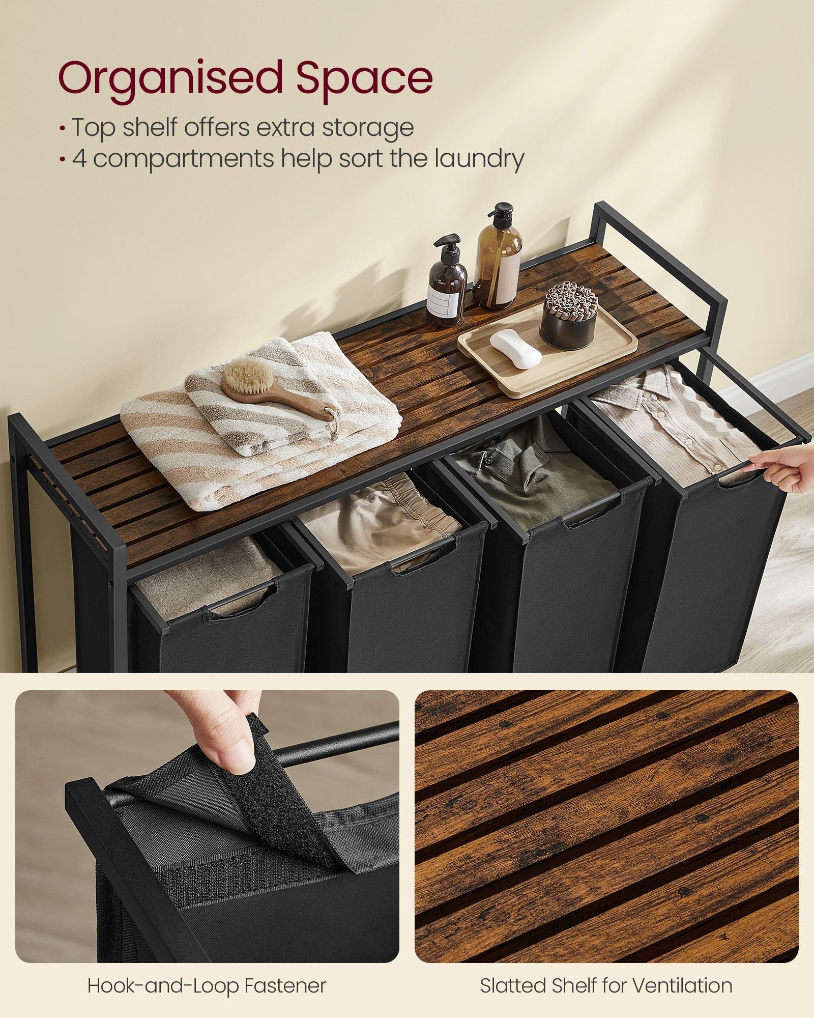 Laundry Basket – Wood and Fabric – Rustic Brown and Ink Black – 4-Compartment with Removable Bags and Storage Shelf