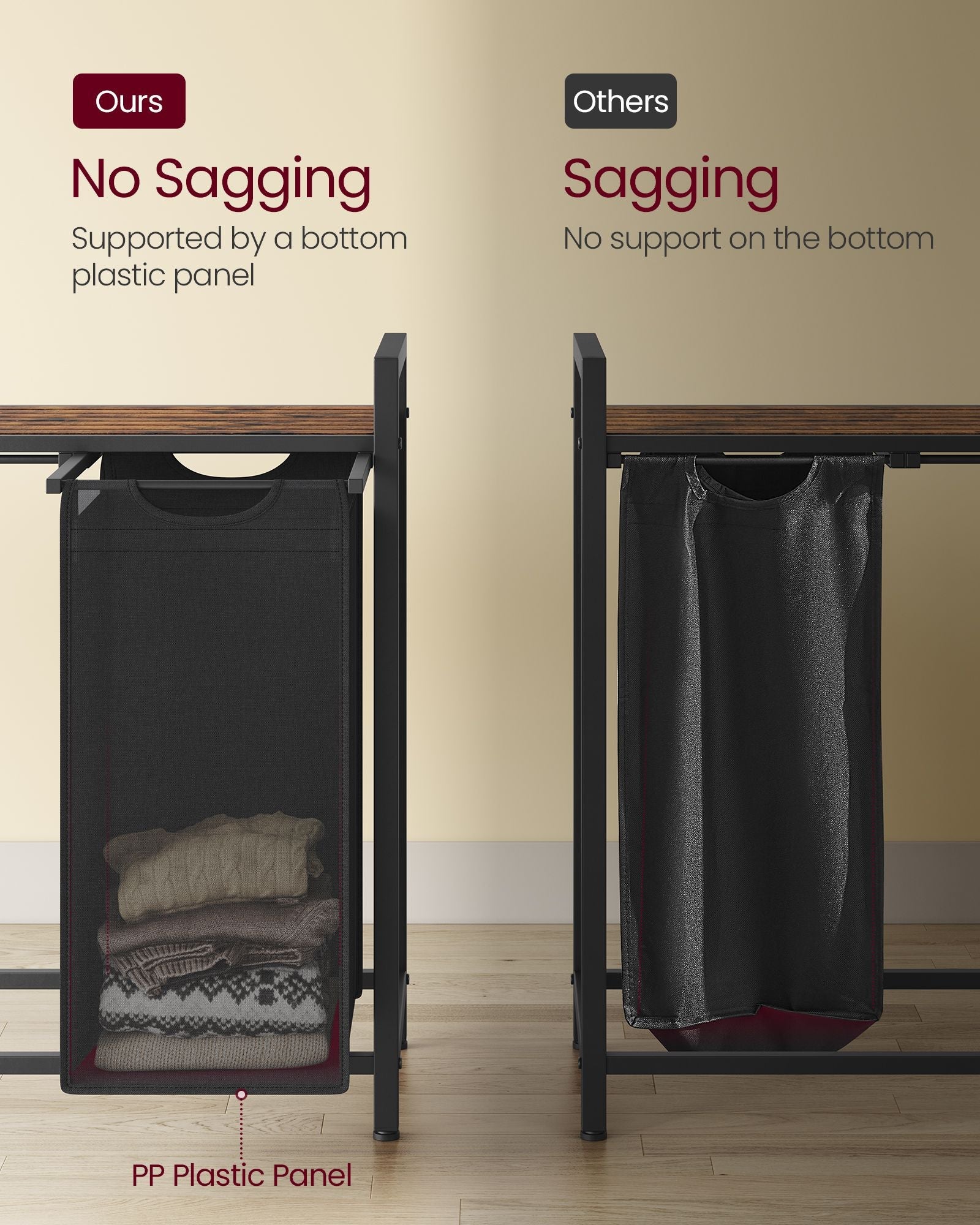 Laundry Basket – Wood and Fabric – Rustic Brown and Ink Black – 4-Compartment with Removable Bags and Storage Shelf