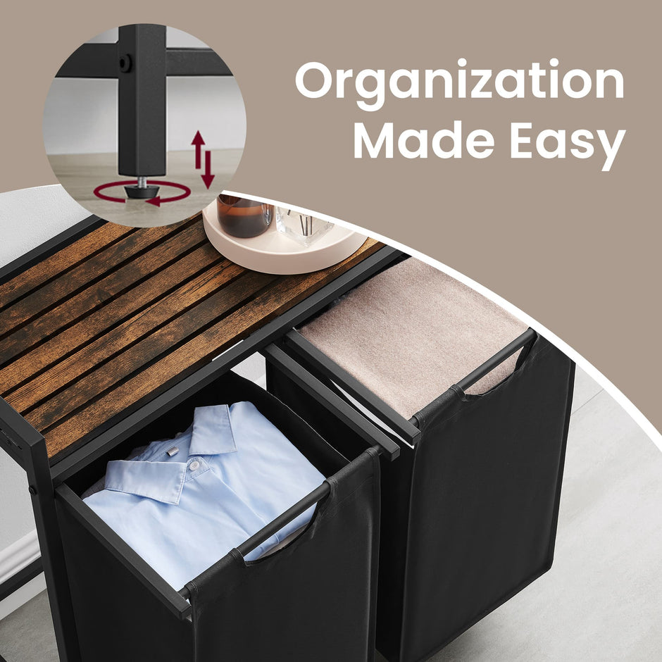 4-Section Laundry Hamper – Metal Frame – Rustic Brown and Black – Removable Bags and Shelf