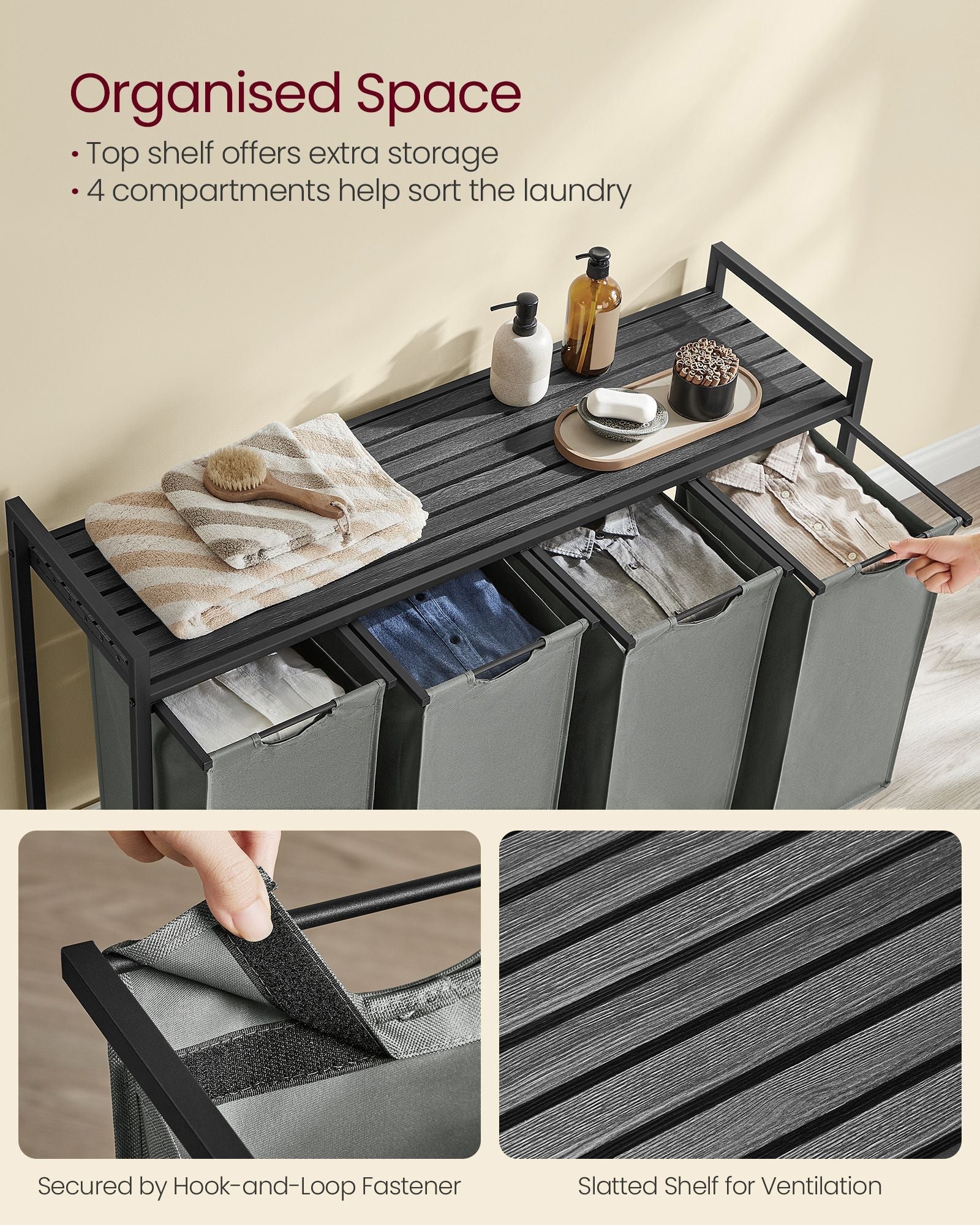 Laundry Sorter – Fabric – Ink Black and Slate Grey – 4-Compartment with Pull-Out Bags and Storage Shelf