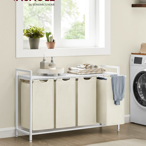 Laundry Basket – Fabric – Cream White – 4 Pull-Out Bags with 40L Capacity Each