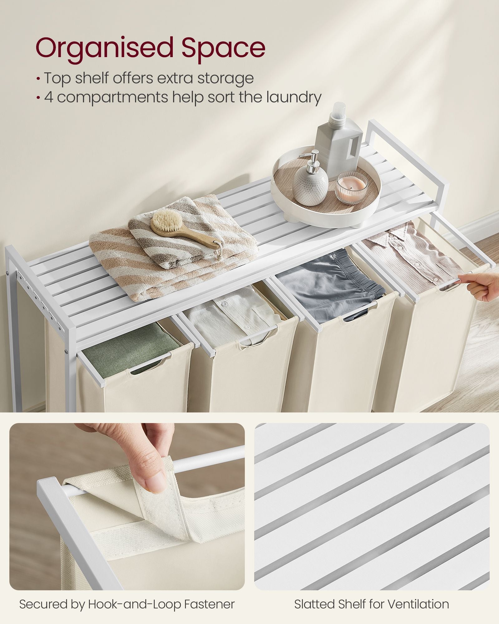 Laundry Basket – Fabric – Cream White – 4 Pull-Out Bags with 40L Capacity Each