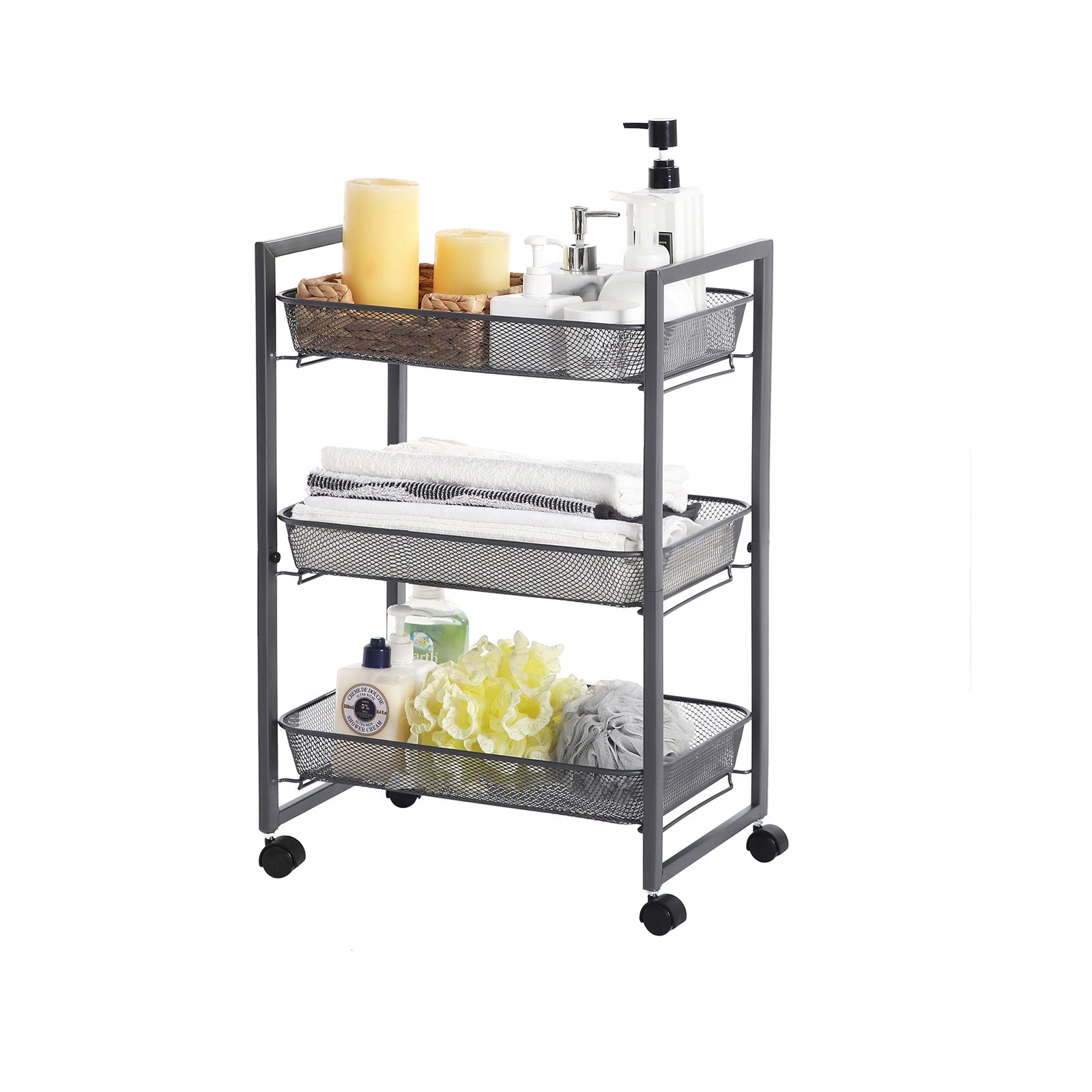 Storage Cart – Metal – Grey – 3-Tier with Wire Baskets for Kitchen and Bathroom