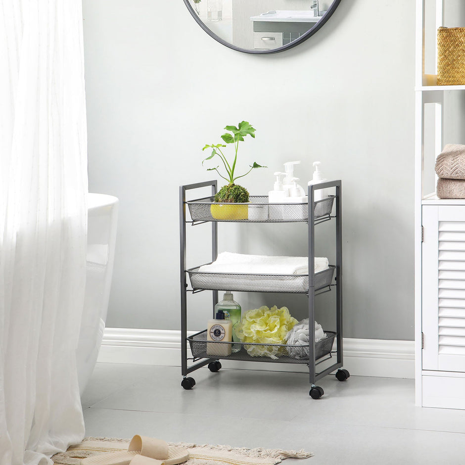 Storage Cart – Metal – Grey – 3-Tier with Wire Baskets for Kitchen and Bathroom