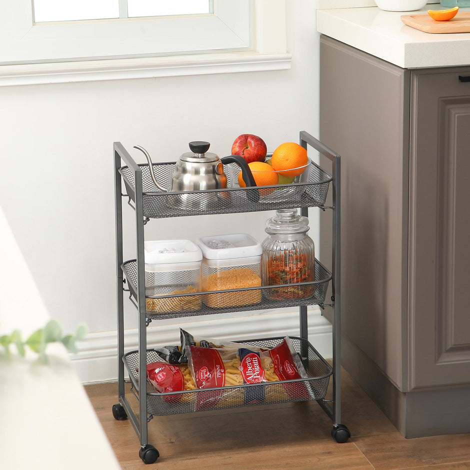 Storage Cart – Metal – Grey – 3-Tier with Wire Baskets for Kitchen and Bathroom