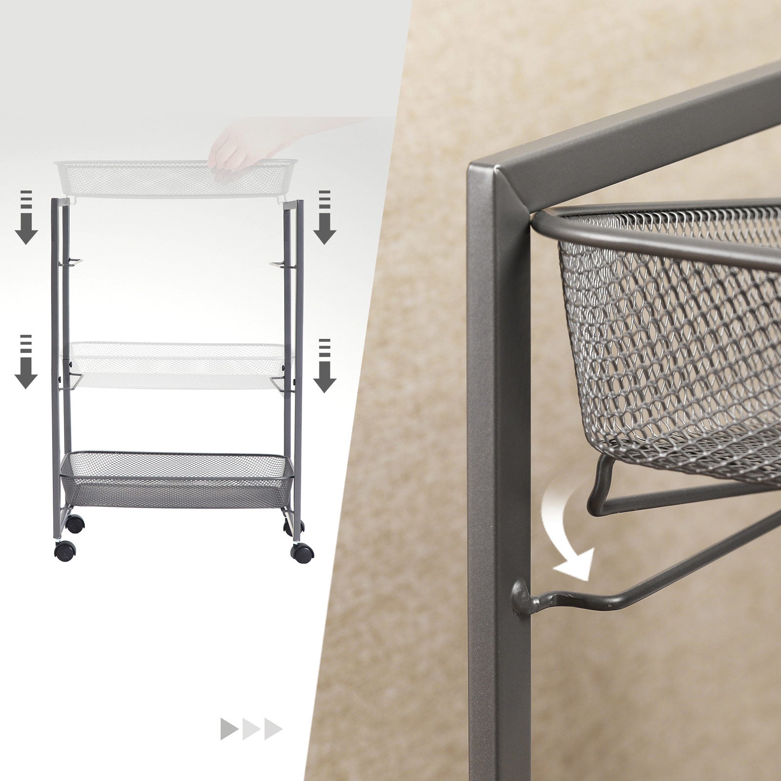 Storage Cart – Metal – Grey – 3-Tier with Wire Baskets for Kitchen and Bathroom