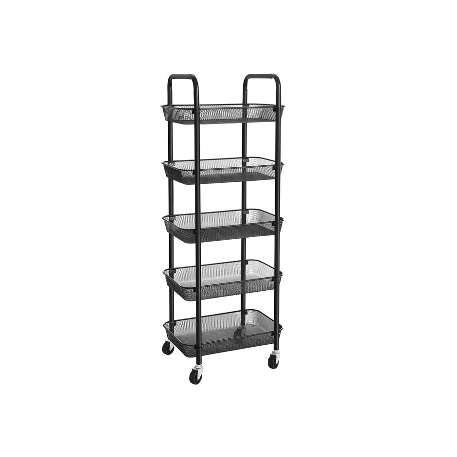5-Tier Metal Storage Cart – Black – Rolling Utility Trolley with Handles and Brakes