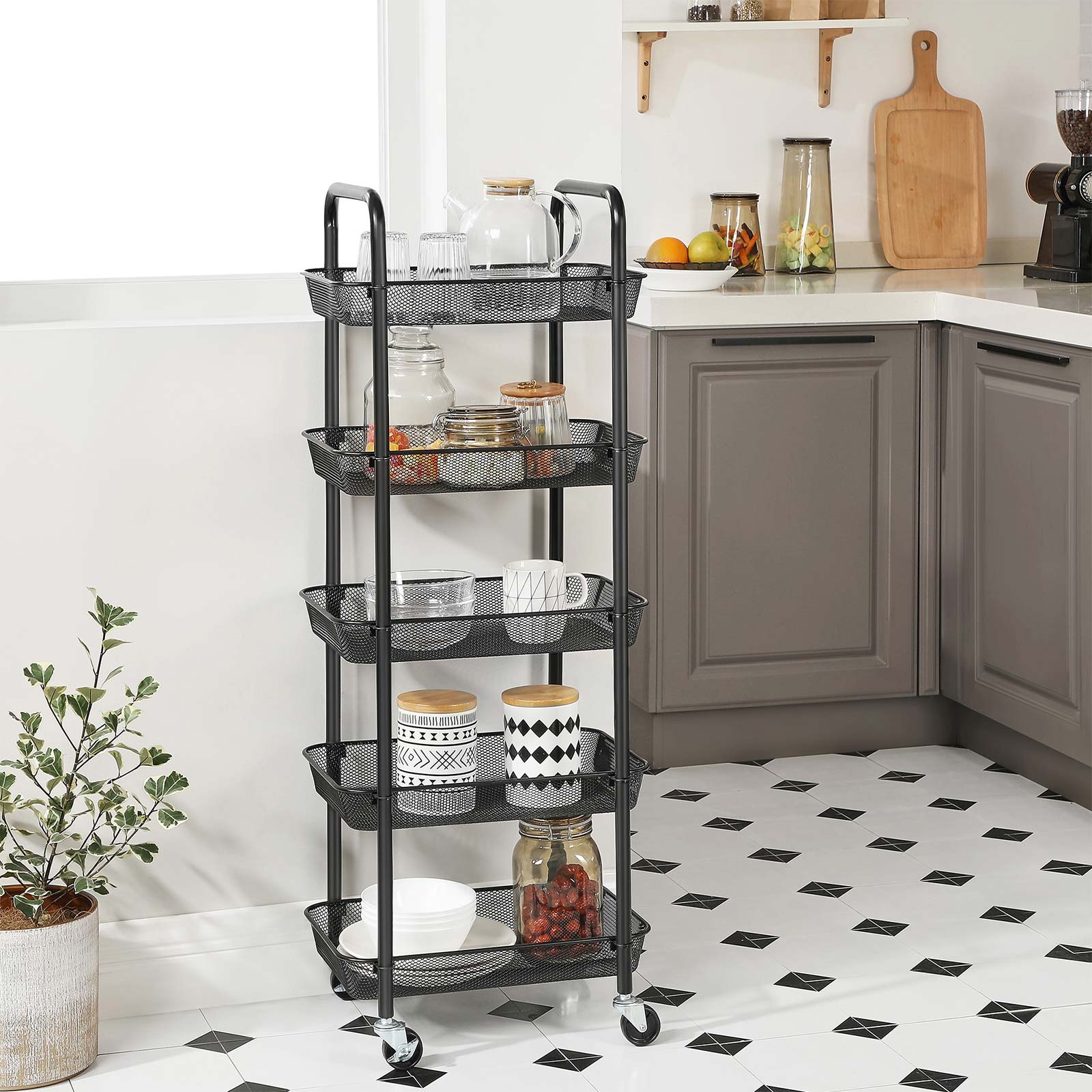 5-Tier Metal Storage Cart – Black – Rolling Utility Trolley with Handles and Brakes