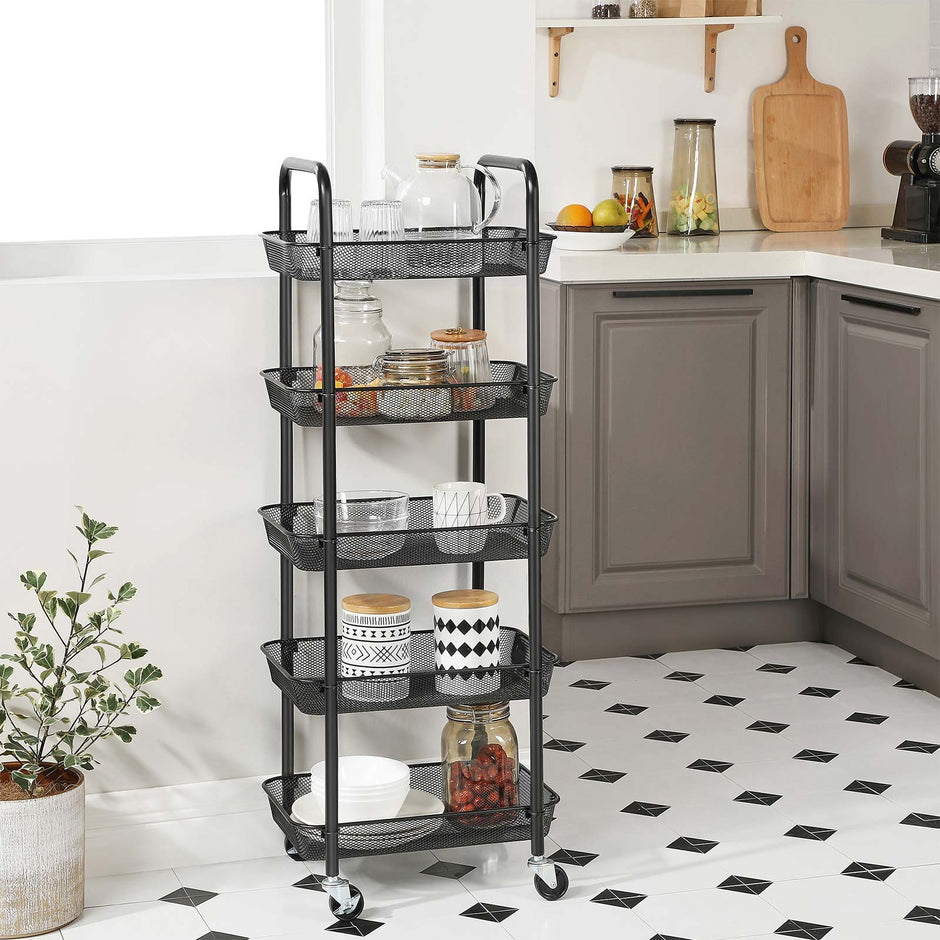 5-Tier Metal Storage Cart – Black – Rolling Utility Trolley with Handles and Brakes