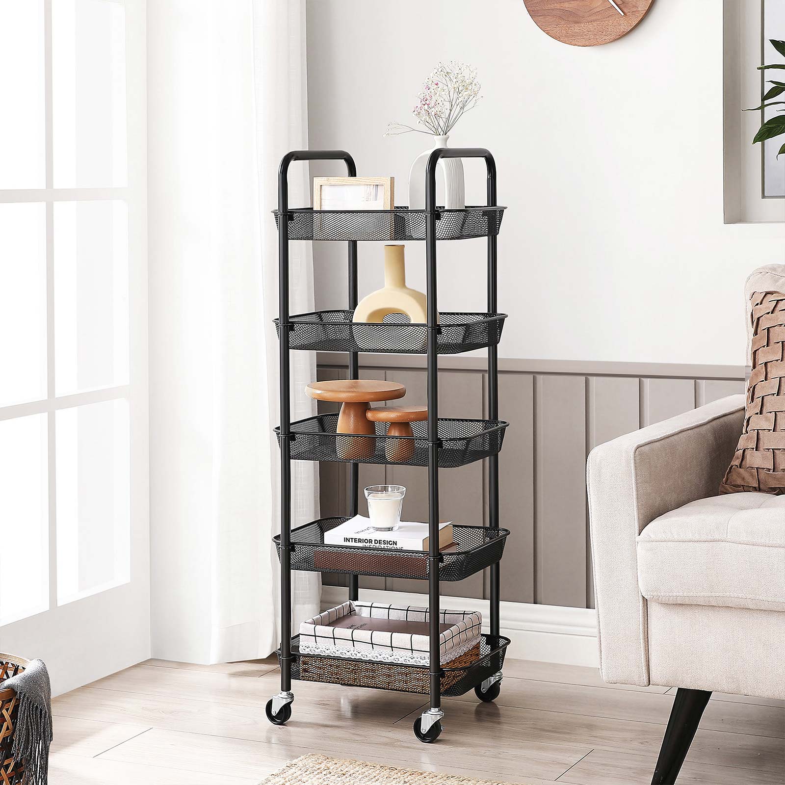 5-Tier Metal Storage Cart – Black – Rolling Utility Trolley with Handles and Brakes