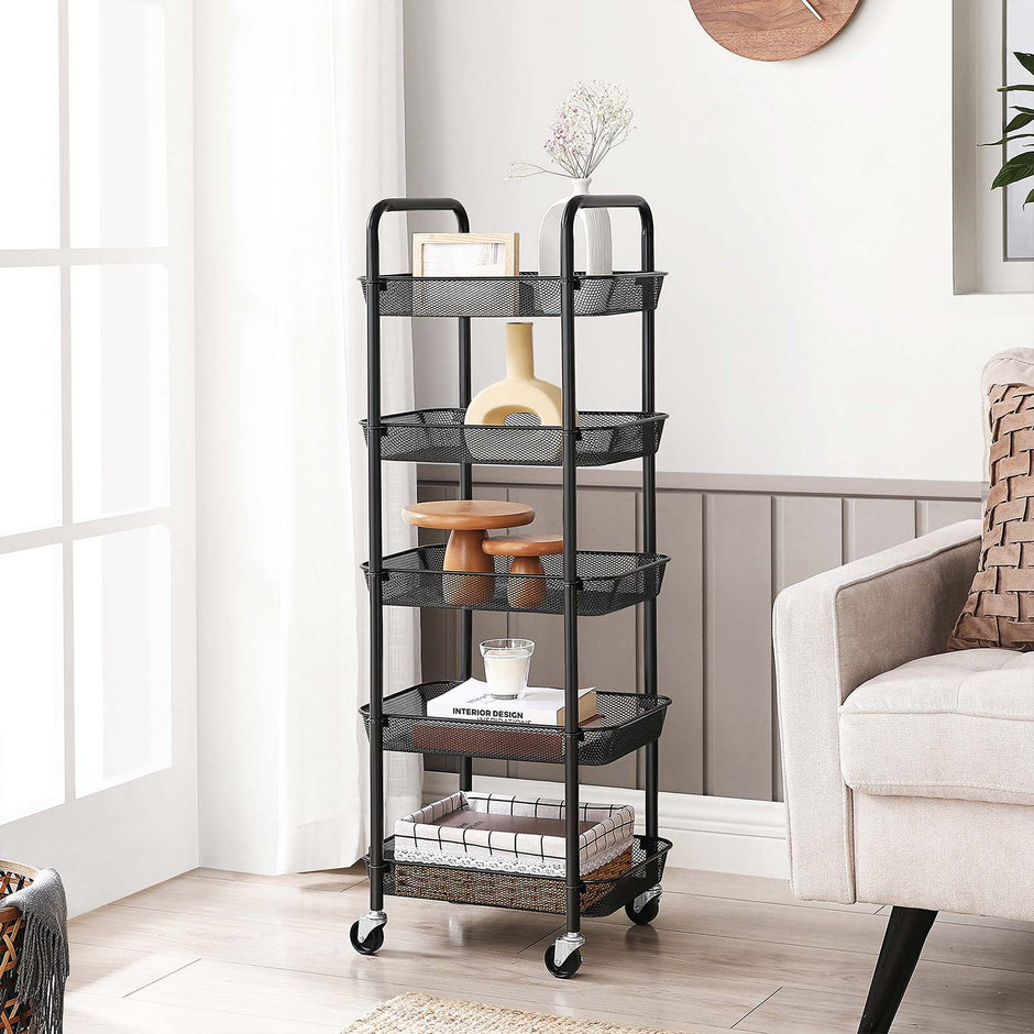 5-Tier Metal Storage Cart – Black – Rolling Utility Trolley with Handles and Brakes