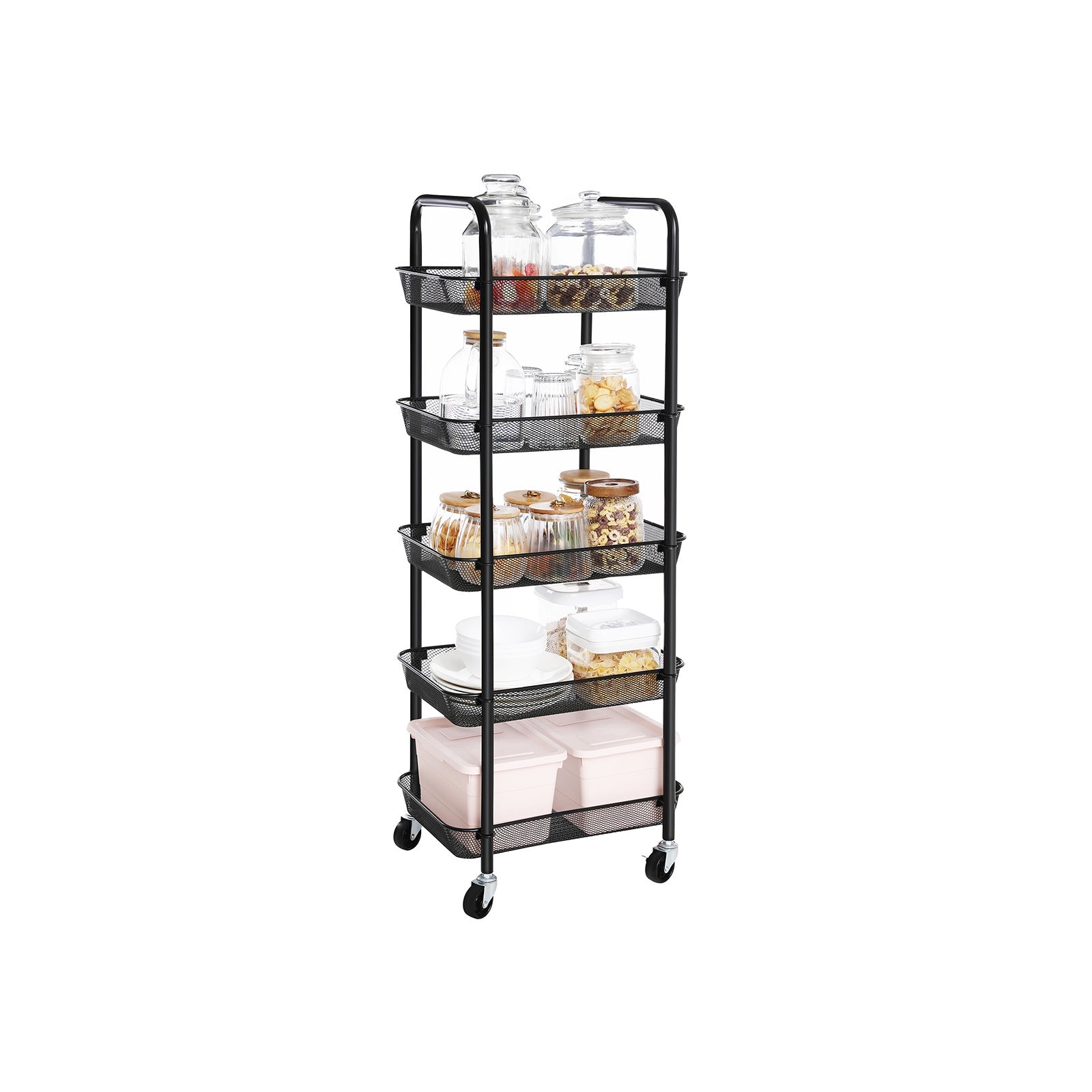 5-Tier Metal Storage Cart – Black – Rolling Utility Trolley with Handles and Brakes