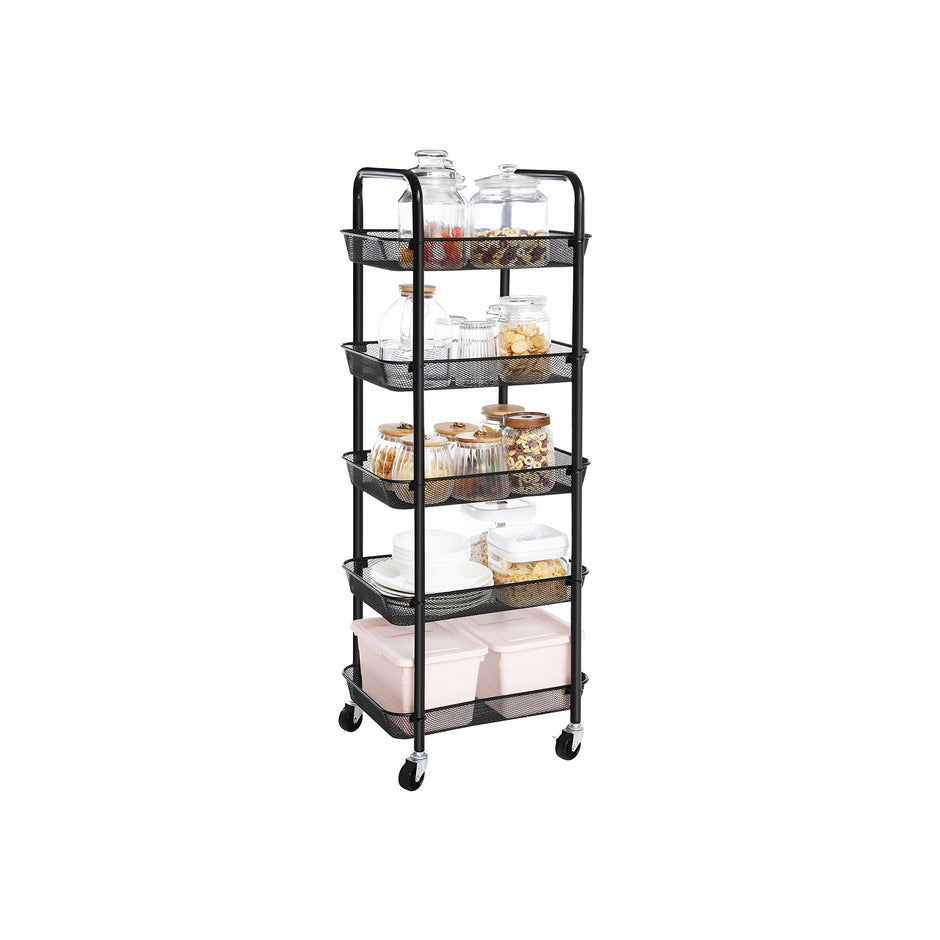 5-Tier Metal Storage Cart – Black – Rolling Utility Trolley with Handles and Brakes