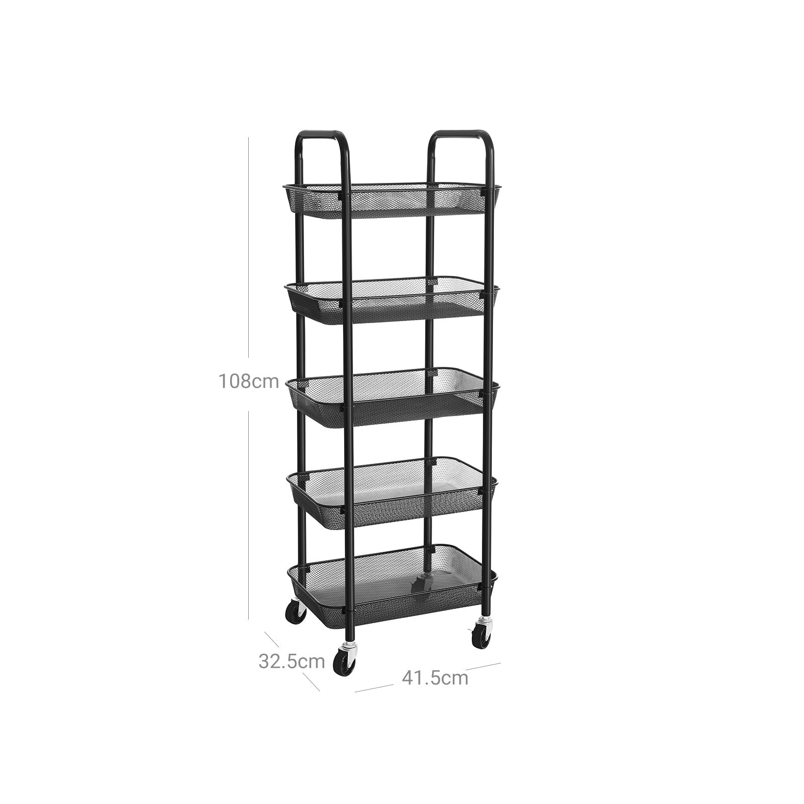 5-Tier Metal Storage Cart – Black – Rolling Utility Trolley with Handles and Brakes